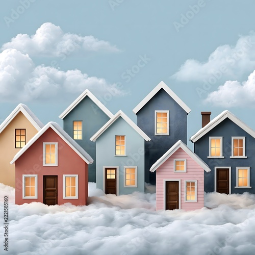 Whimsical Christmas background inspired by miniature winter architecture, tiny pastel houses embedded in sculpted snow, warm glowing windows, powder blue sky, soft shadows, charming handcrafted 3D