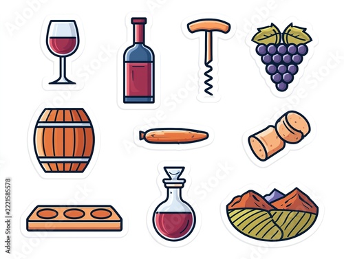 Wine and winemaking icons set with wine glass, bottle, corkscrew, grapes and barrel, colorful sticker illustration