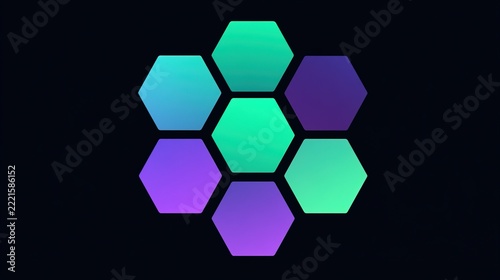 Neon green and purple glossy hexagons forming honeycomb pattern on black background, futuristic tech design