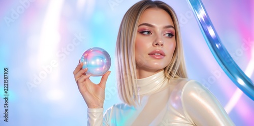 Futuristic fashion portrait of blonde woman holding iridescent glass sphere. Cyberpunk aesthetic in neon lighting