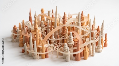 A sculptural cluster of tiny architectural columns joined by flexible translucent bridges, miniature conceptual city infrastructure, cream and muted orange palette, isolated on white.