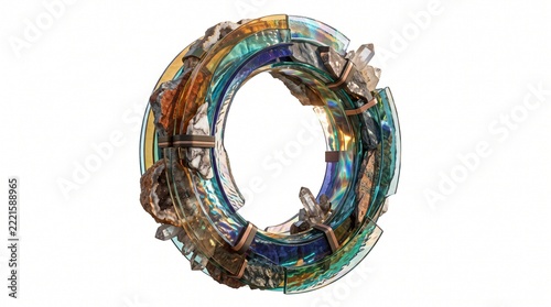 A floating circular window frame made from layered colored glass and mineral stone, beautiful refraction, asymmetrical modern architecture, isolated on white background, no text.