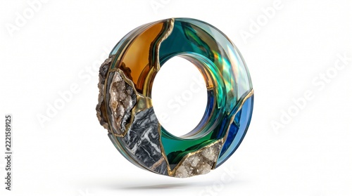 A floating circular window frame made from layered colored glass and mineral stone, beautiful refraction, asymmetrical modern architecture, isolated on white background, no text.