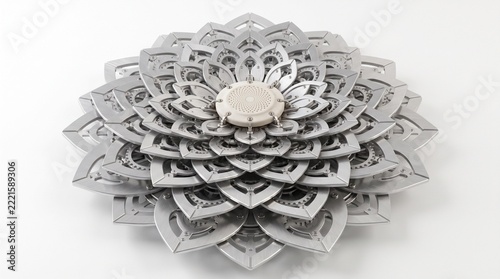 A sculptural mechanical flower with interlocking brushed aluminum petals and a small ceramic center, elegant engineered symmetry, isolated on white background, high-quality studio render.