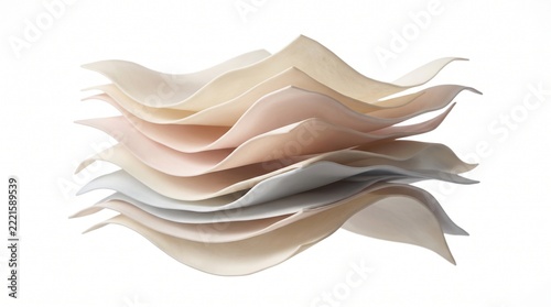 A floating stack of thin translucent ceramic membranes, gently curved like frozen fabric, ivory, pale pink and smoke-blue tones, subtle shadows, isolated on pure white.