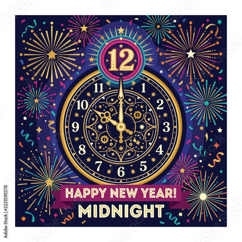 Elegant New Year countdown clock with golden numbers, sparkling fireworks, festive decorations, midnight celebration.
