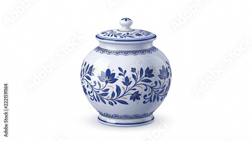Elegant blue and white ceramic lidded jar, exquisitely decorated with intricate traditional floral patterns, a charming accent for any home decor