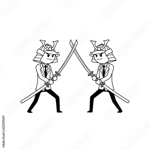 Cartoon samurai warriors with swords fighting.