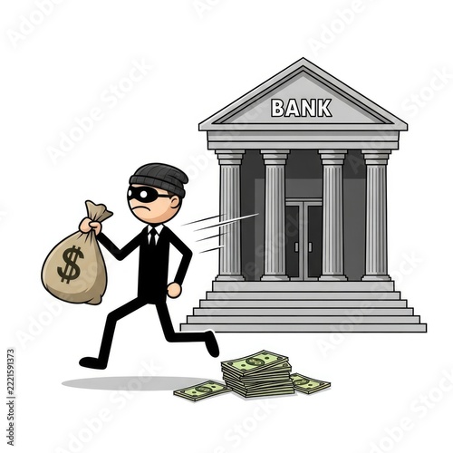 Cartoon thief running from bank robbery.