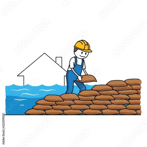 Cartoon worker building flood protection wall.