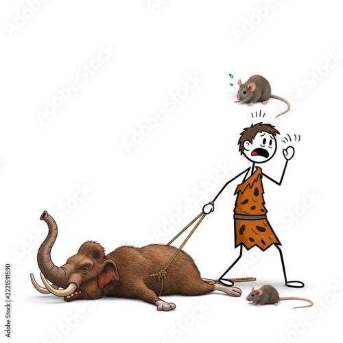 Caveman walking elephant on a leash.