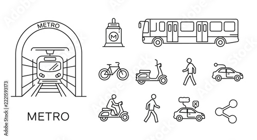 Urban Transportation Icons: Metro, Bus, Car, Scooter, Bicycle, Pedestrian