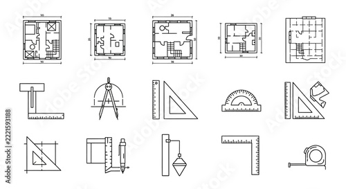 Architectural Plans and Drafting Tools Icons Set