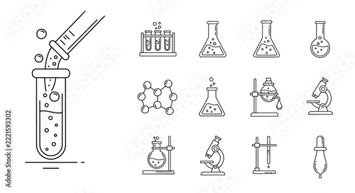 Science Icons Set: Test Tubes, Beakers, Microscope, Molecules