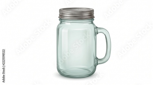 Clear Glass Mason Jar Mug with Silver Screw Lid and Handle Isolated on White Background