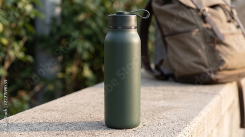 Dark green reusable water bottle standing on a stone ledge outdoors with a backpack
