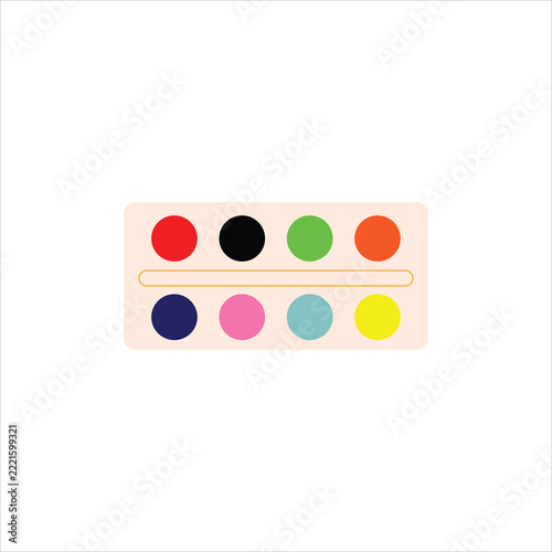 Brightly colored paint palette sits neatly on plain white background. Circles hold bold, saturated hues in organized rows. Minimalist design invites creativity and artistic expression