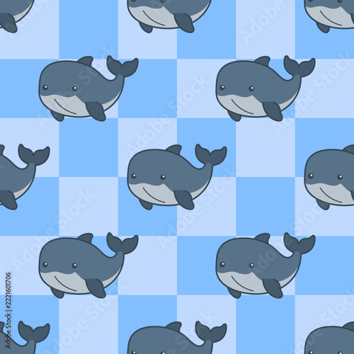 Cute cartoon whales swimming in a cheerful blue checkerboard seamless pattern illustration
