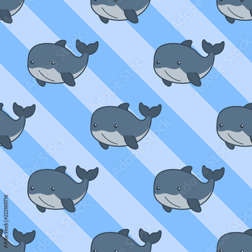 Cute Cartoon Whale Seamless Pattern with Blue Diagonal Stripes Background Illustration