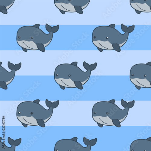 Cute blue whale illustration on a horizontal stripe background seamless pattern