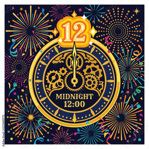 Elegant New Year countdown clock with golden numbers, sparkling fireworks, festive decorations, midnight celebration.