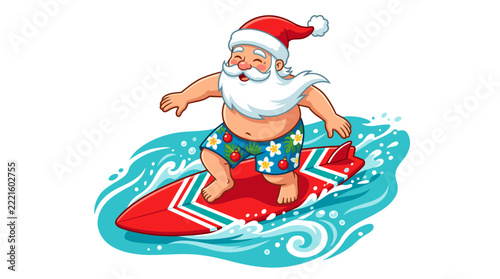 Canvas Print Vector illustration of a cheerful Santa Claus surfing on a red surfboard in tropical ocean waves, wearing a traditional red hat and blue floral swim trunks with holiday ornaments