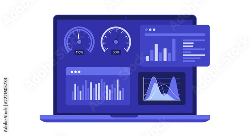 Modern Laptop with Data Visualization Dashboard Showing Business Analytics, Statistics, and Performance Metrics UI Illustration