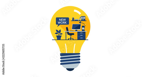 New Work Concept Vector Illustration: Creative Modern Office Workplace with Desk and Computer inside a Light Bulb, Symbolizing Innovation, Productivity, and Remote Working