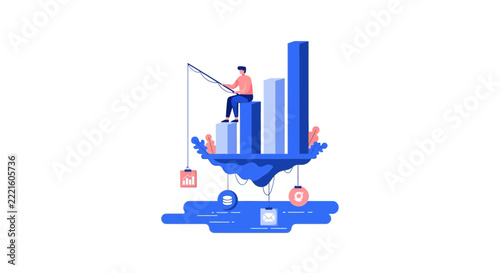 Business Professional Fishing for Data and Leads on a Floating Island Bar Chart, Data Mining and Analytics Concept Illustration
