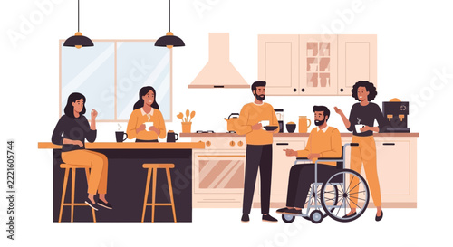 Inclusive Flat Vector Illustration of Diverse Friends Socializing in a Modern Kitchen, Including a Man in a Wheelchair