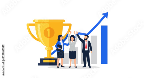 Business Team Celebrating Success and Achievement with Giant Gold Trophy and Rising Growth Chart Vector Illustration