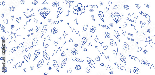 Modern blue hand drawn doodle background vector illustration with hearts crowns and stars on a white background