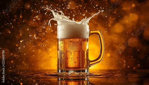 Glass beer mug overflowing with golden lager and foam splash on a