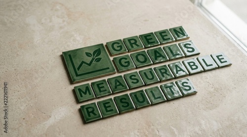 Green Goals Measurable Results displayed with ceramic tiles featuring a growth chart and leaf symbol