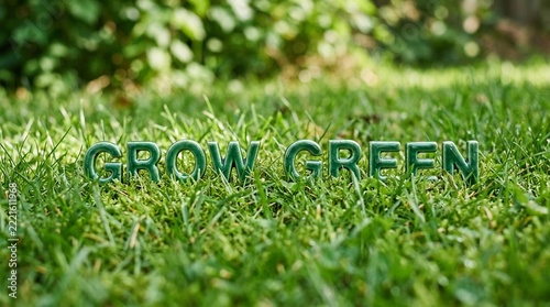 Green growth message spelled out in letters on a lush grass lawn