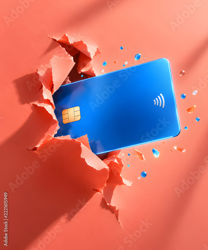 Blue contactless payment card bursting through torn coral paper