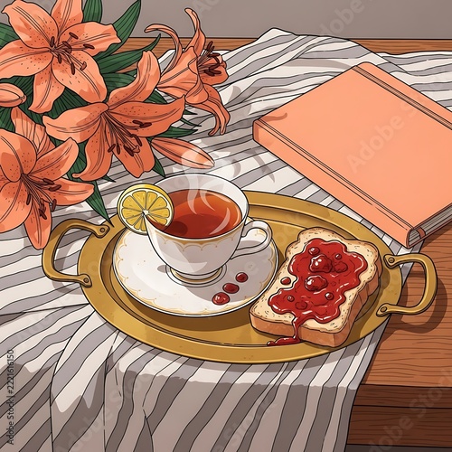A delightful breakfast tray with tea, toast, and fresh orange lilies