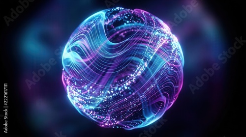 Vibrant blue and purple neon 3D sphere featuring gradient waves and glowing particles.