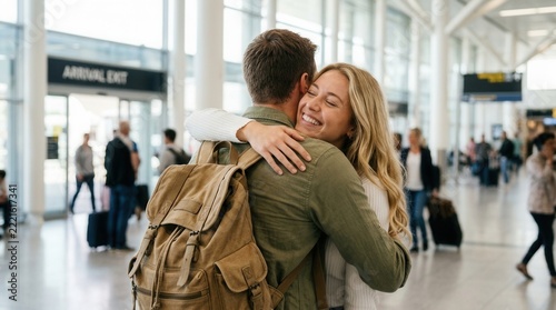 An emotional reunited European couple hugging tightly at the airport arrivals exit.