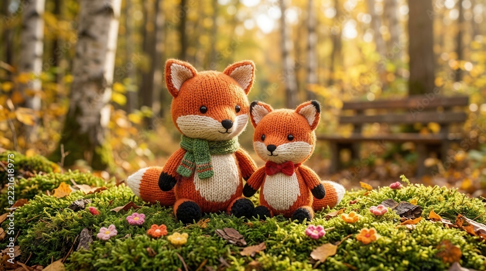 Fototapeta premium Two cute knitted fox toys sitting together in a flower garden.