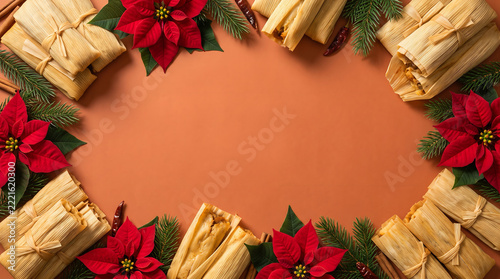 Mexican Tamales and Holiday Decorations Edge Frame Layout on Solid Terracotta Background