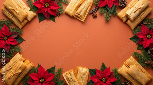 Mexican Tamales and Holiday Decorations Edge Frame Layout on Solid Terracotta Background