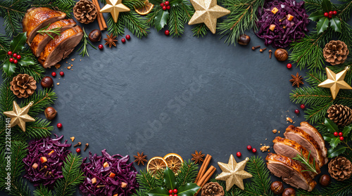 Holiday Frame Border with German Weihnachtsgans Goose and Ornaments on Solid Dark Slate Background