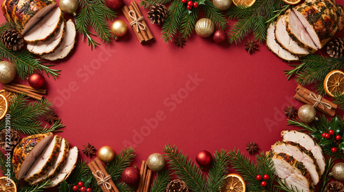 Christmas and New Year Border Frame with Roasted Turkey and Ornaments on Flat Crimson Red Background