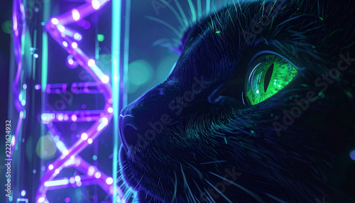 Cybernetic Feline: A sleek black cat with striking emerald green eyes gazes intently into a futuristic, neon-lit world, its gaze reflecting a world of advanced technology and mystery.