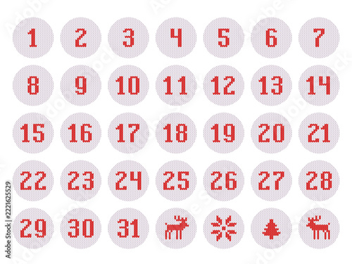 Christmas knitted stickers with numbers, December calendar, Advent. Vector illustration, use for decorating gifts and greetings.
