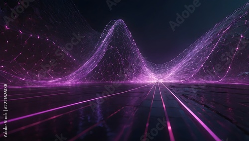 Ultra-Realistic Abstract Purple Digital Network Wave with Glowing Violet Nodes, Futuristic Polygonal Mesh, Neon Data Flow, and Interconnected Technology Lines on a Dark Background