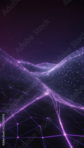 Ultra-Realistic Abstract Purple Digital Network Wave with Glowing Violet Nodes, Futuristic Polygonal Mesh, Neon Data Flow, and Interconnected Technology Lines on a Dark Background