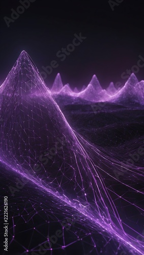 Ultra-Realistic Abstract Purple Digital Network Wave with Glowing Violet Nodes, Futuristic Polygonal Mesh, Neon Data Flow, and Interconnected Technology Lines on a Dark Background