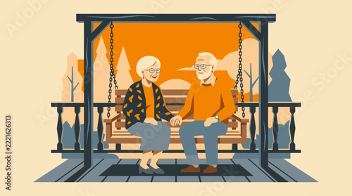 Happy elderly couple holding hands on a porch swing at sunset. Flat vector illustration of loving seniors enjoying retirement lifestyle and romantic moments